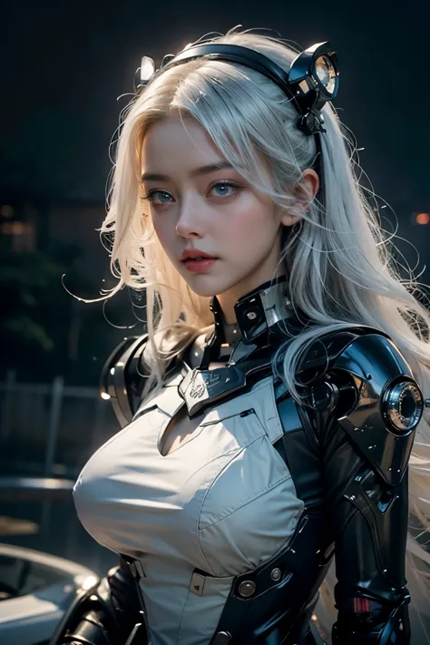 Amber Heard,white hair,My hair is very long.,wear a dress ((Hi-tech Gothic Lolita outfit)),((cybernetic body)),In the future wor...