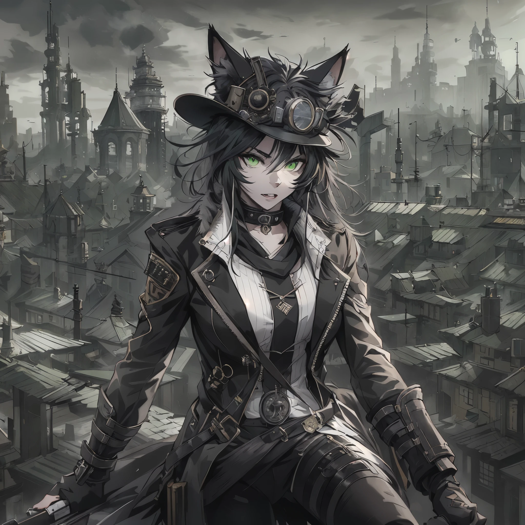 ((1Female)), 18-years-old, Cat ears, green cat eyes, black and white streaked fur, dressed in gunslinger clothes, Background: Steampunk-city, masterpiece, best quality, high resolution, absurd resolution, best quality, 4K.