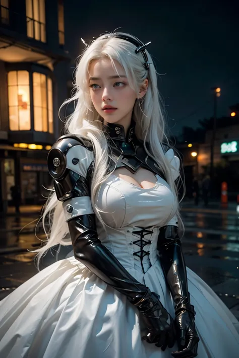 Amber Heard,white hair,My hair is very long.,wear a dress ((Hi-tech Gothic Lolita outfit)),((cybernetic body)),In the future wor...