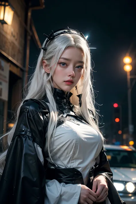 Amber Heard,white hair,My hair is very long.,wear a dress ((Hi-tech Gothic Lolita outfit)),((cybernetic body)),In the future wor...