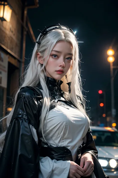 amber heard,white hair,my hair is very long.,wear a dress ((hi-tech gothic lolita outfit)),((cybernetic body)),in the future wor...