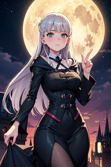 a young silver haired female witch with green eyes and an hourglass figure in a conservative victorian dress is blushing in fron...