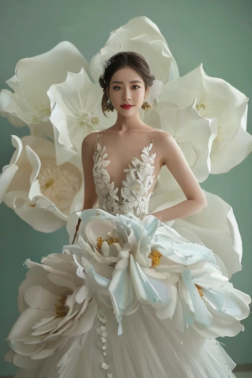 Wearing a white dress、arafed woman with large flowers, intricate gown, wearing a beautiful dress, Wedding dress, a complicated dress, Inspired by Liu Haisu, Inspired by Wenjia, king vera fashion, sha xi, Cui Xianhua, Soft and complex, wenfei ye, Wearing an organza robe, Kim Hyun Joo, Stunning beauty, flowing robe