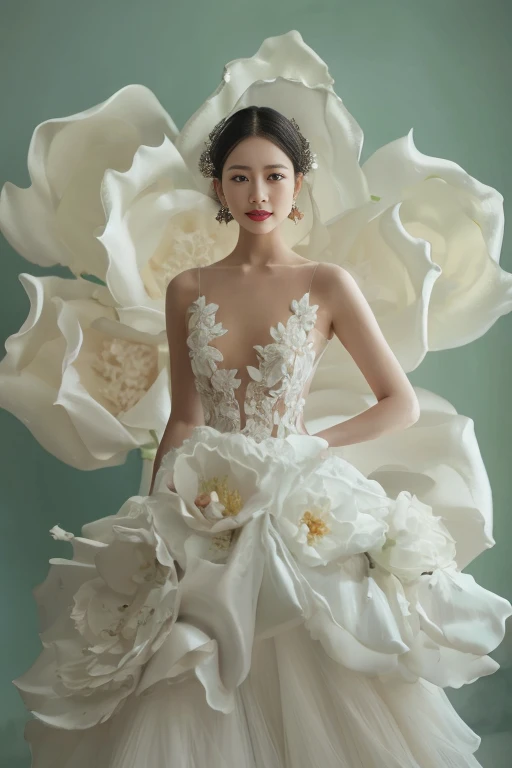 Wearing a white dress、arafed woman with large flowers, intricate gown, wearing a beautiful dress, Wedding dress, a complicated dress, Inspired by Liu Haisu, Inspired by Wenjia, king vera fashion, sha xi, Cui Xianhua, Soft and complex, wenfei ye, Wearing an organza robe, Kim Hyun Joo, Stunning beauty, flowing robe