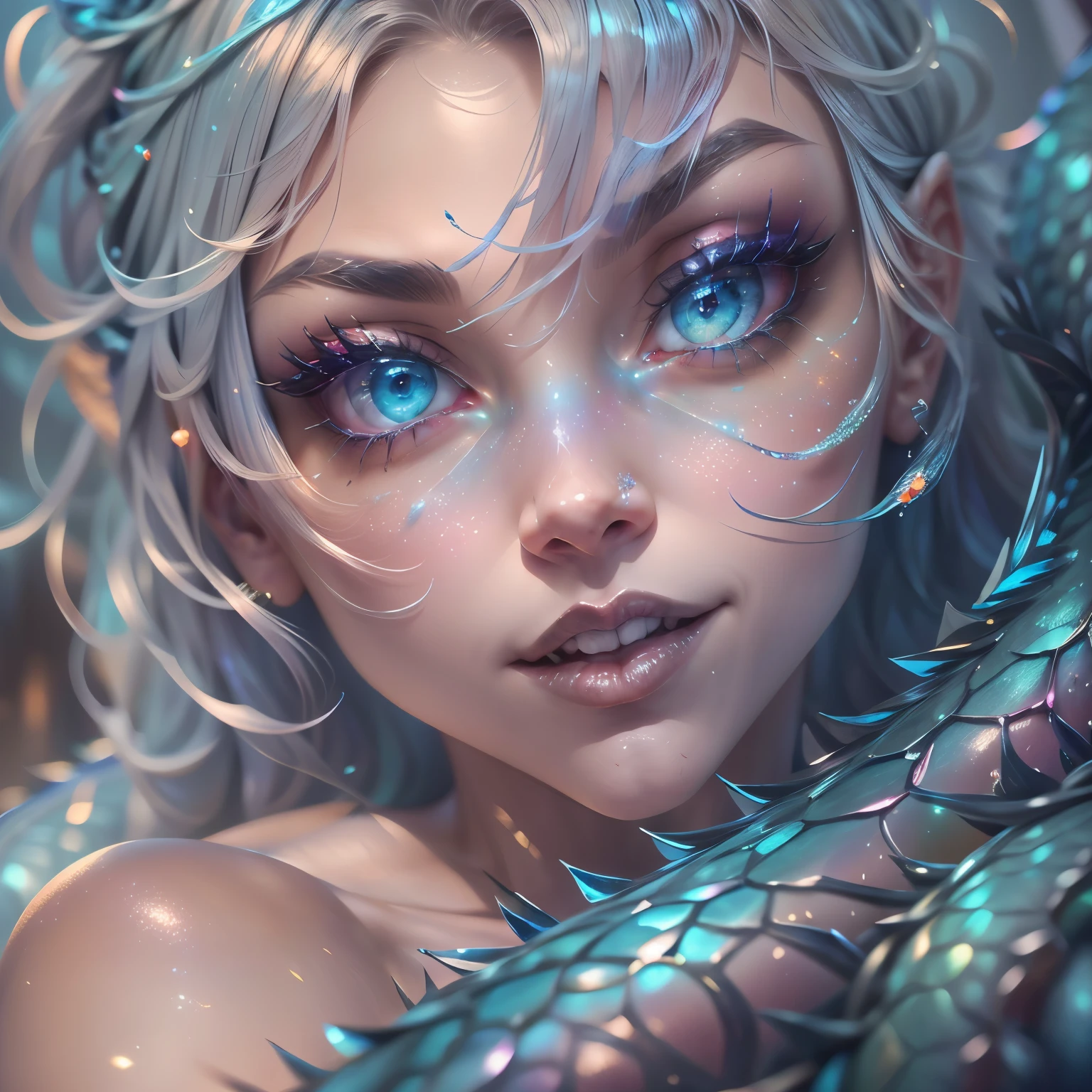 (beste Qualität,4k,8k,highres,Meisterwerk:1.2, Porträt), ultra-detailliert, Realistisch, Nackt sexy dragon woman with blue glittering scales, Haut glitzert saphirblaue Schuppen, kurze blonde Haare mit blauen Highlights, very spielerisch but mischievous smile, riesig , riesige Brüste, Nackt, nude, detaillierter Schritt, detaillierte Vulva, sexy Pose, Beine spreizen, spielerisch, zweifarbige Augen, Heterochromie, lüstern