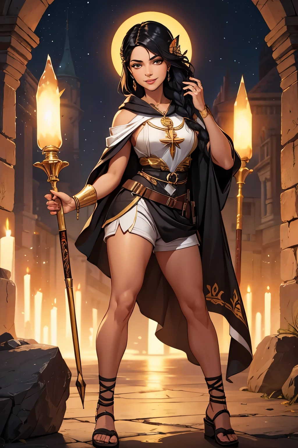 Garota elfa latina. fantasia monge aventureiro, cara de sorriso brutal, fleshy lips, long black hair styled with butterfly braid, hazel eyes, athletic figure, white priestess tunic, shorts de lombo branco, sandals, retrato detalhado, templo da selva, standing pose