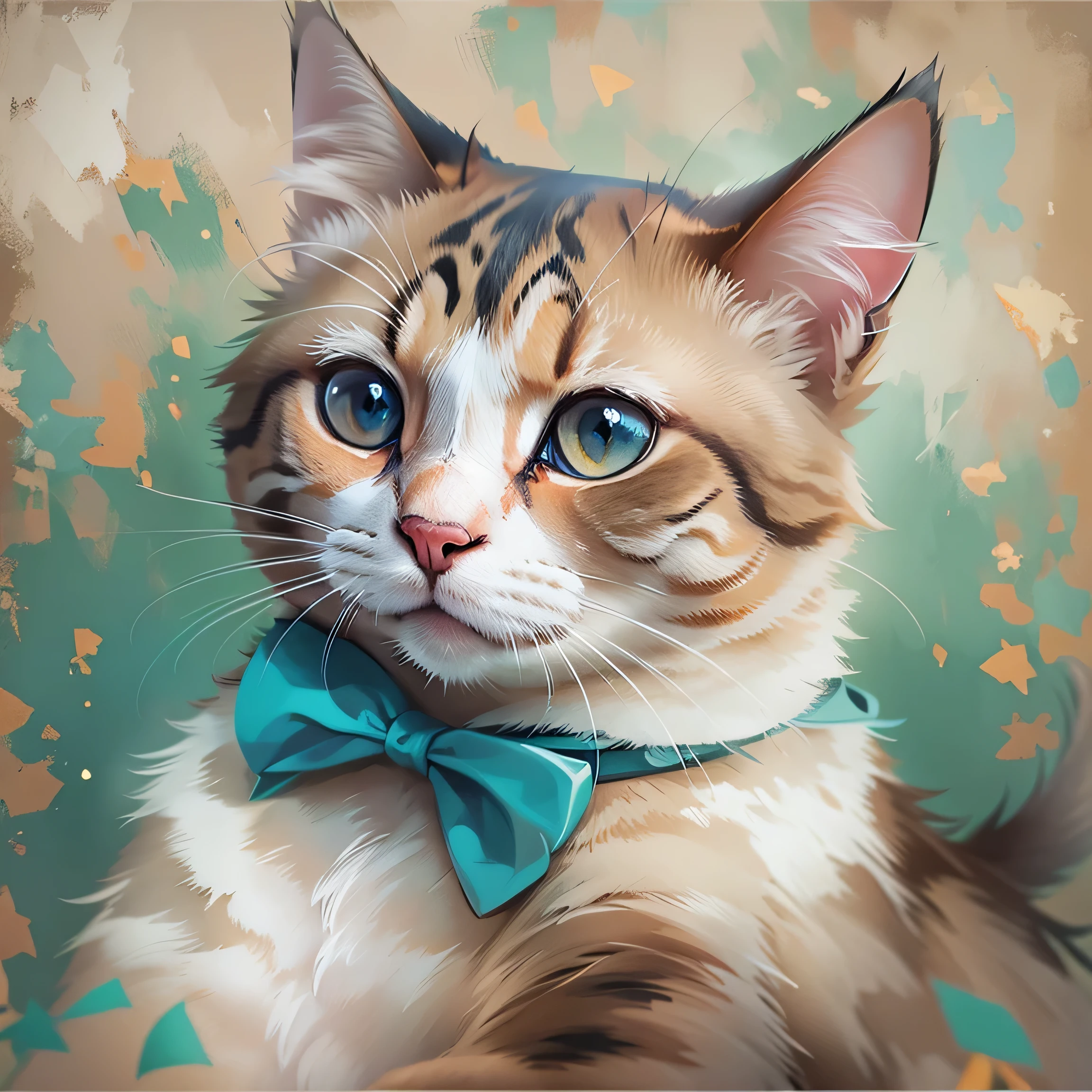 painting of a Katze with a blue bow tie on, Katze portrait, adorable digitale Zeichnung, elegant Katze, Katze portrait painting, Katze. digitale Zeichnung, in a painting of a Katze, portrait of a Katze, Ölgemälde-Stil, oil painting of Katze, a painting of a Katze, painting of a Katze, hochwertige Porträts, high quality digitale Zeichnung