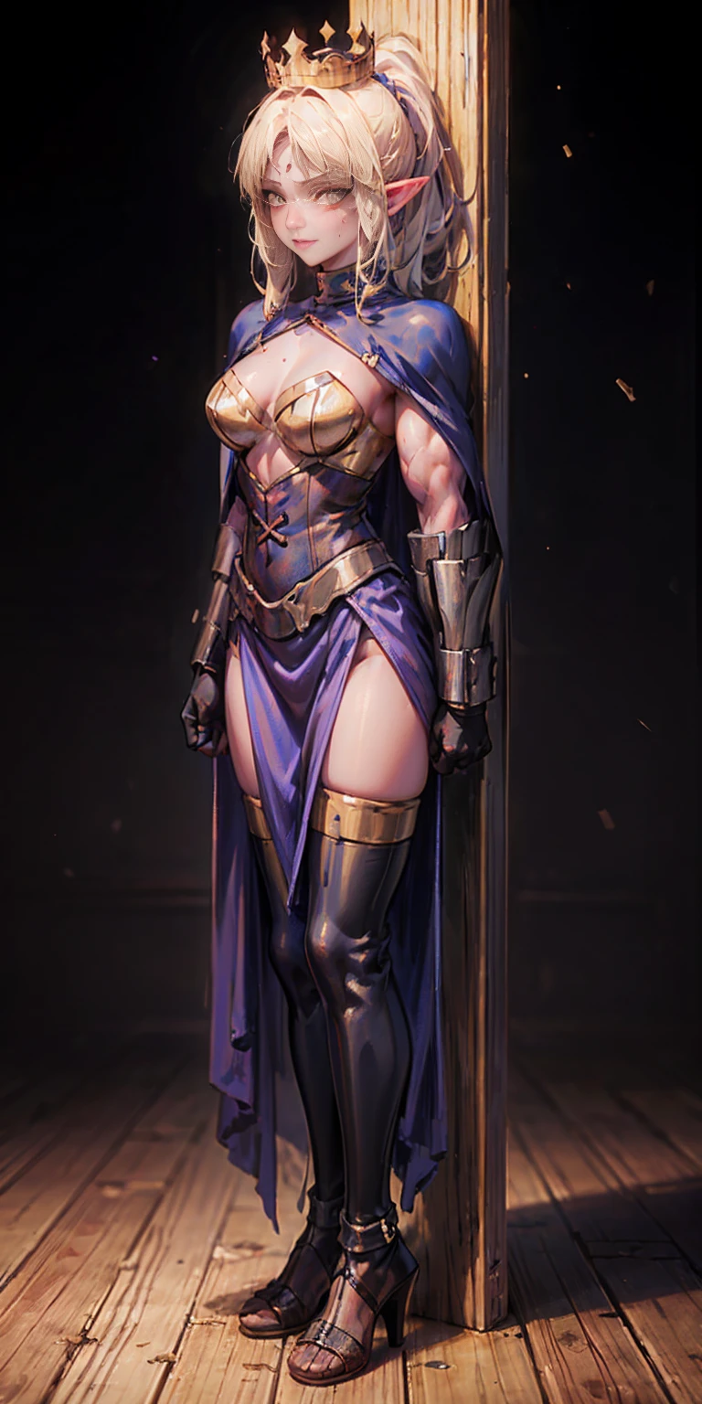 extremely long hair, ponytail, perfect anatomy 1 girl tall solo, slim thick, ((muscular)) high elf toned body, silver breast plate, blue cape, slender abs, hourglass waist, detailed face, defined cheekbones, puffy lips, gauntlets, gold crown, shadow over eyes, looking at viewer, masterpiece, white thigh highs lingerie, lustful smirking smile face red blushed red cheeks, 2 high heels feet together, full body bondage latex girl (black background) standing by wooden pole bondage, shibari, bondage, bdsm, rope, gag, ball_gag, phSaber, phAltoria, phAlter