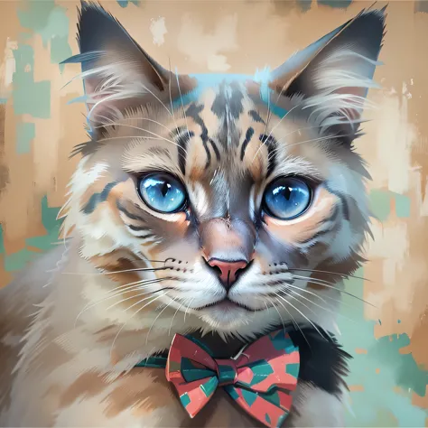 painting of a Cat with a blue bow tie on, Cat portrait, adorable Digital Painting, elegant Cat, Cat portrait painting, Cat. Digi...