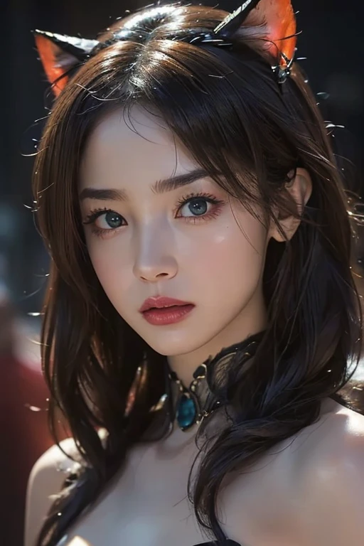 Rough Craft&#39;S Worldから来た女性のエイリアン, highly detailed artistic photography, midnight aura, Night Sky, Detailed gorgeous face, dream-like, Shine, Backlit, Glamour, Sparkling, (very detailed face and eyes:1.2), (High resolutionの光る赤い目:1.4), Perfect Anatomy, (A beautiful, toned body:1.5), (Moisturized Skin:1.2), No makeup, (Cat:1.1),(Thick eyebrows:1.2), Long canines. Smooth, extRa High resolution, 8K, Unreal Engine 5, Ultra-sharp focus, Art by Alberto Seveso, germ of art, Barbaric, SF, Complex芸術作品の傑作, evil, Matte Movie Poster with Image, Golden Ratio, Trending on CGsociety, Complex, wonderful, ArtStation Trends, author: germ of art, H. R. Giger and Beksinski, very detailed, Rough Craft&#39;S World,  Cthulhu, vibration, Draw a movie character, Ultra high quality model, Cinematic Quality, Detail up, (Complex details:1.2), High resolution, High resolution, draw faithfully, (Thick eyebrows:1.2), (Big scarlet eyes:1.3)