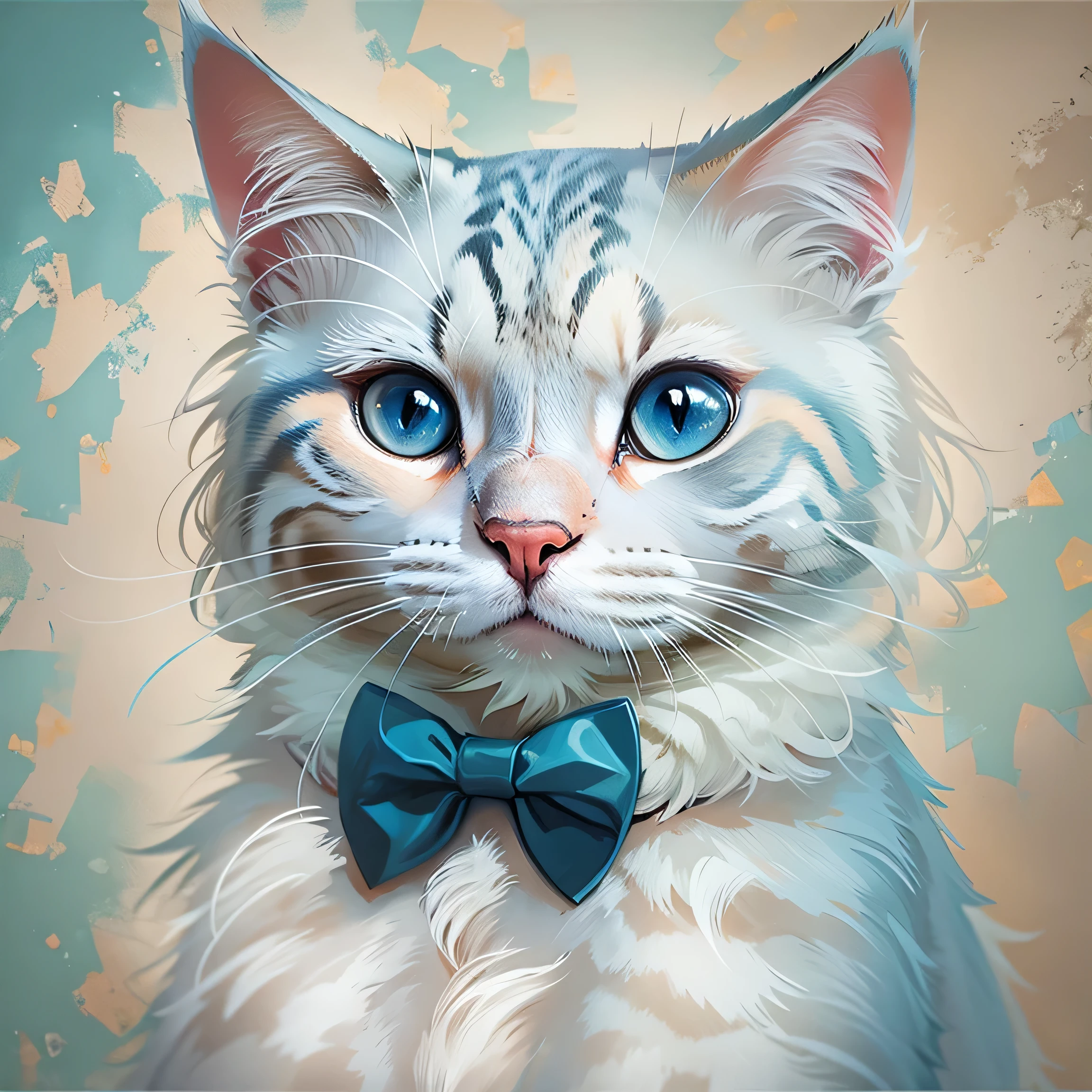 painting of a gato with a blue bow tie on, a pintura digital by Brian Thomas, Ganador del concurso Behance, Arte de la piel, gato portrait, adorable pintura digital, elegant gato, gato portrait painting, gato. pintura digital, in a painting of a gato, portrait of a gato, estilo de pintura al óleo, oil painting of gato, a painting of a gato