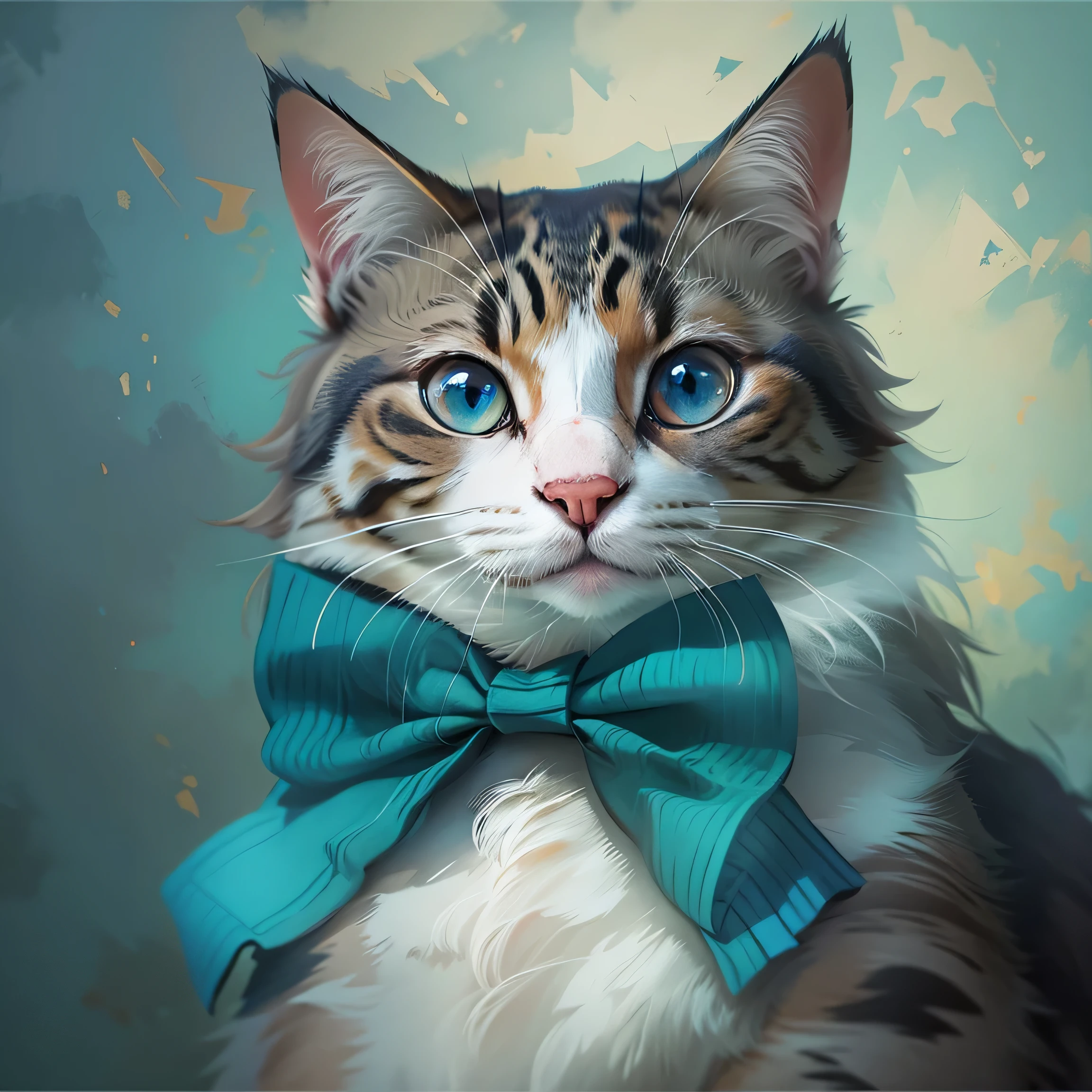 painting of a 猫 with a blue bow tie on, a デジタルペインティング by Brian Thomas, Behanceコンテスト優勝者, 毛皮アート, 猫 portrait, adorable デジタルペインティング, elegant 猫, 猫 portrait painting, 猫. デジタルペインティング, in a painting of a 猫, portrait of a 猫, 油絵スタイル, oil painting of 猫, a painting of a 猫