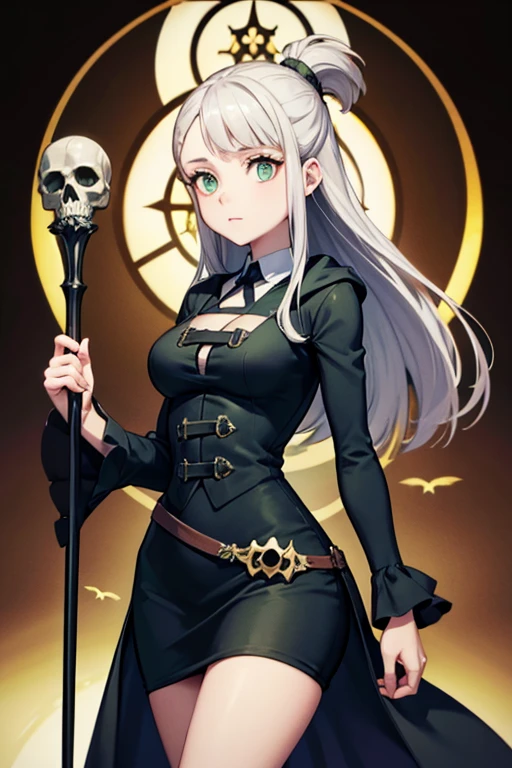 A young silver haired female witch with green eyes and an hourglass figure in a conservative Victorian dress is holding a skull wand