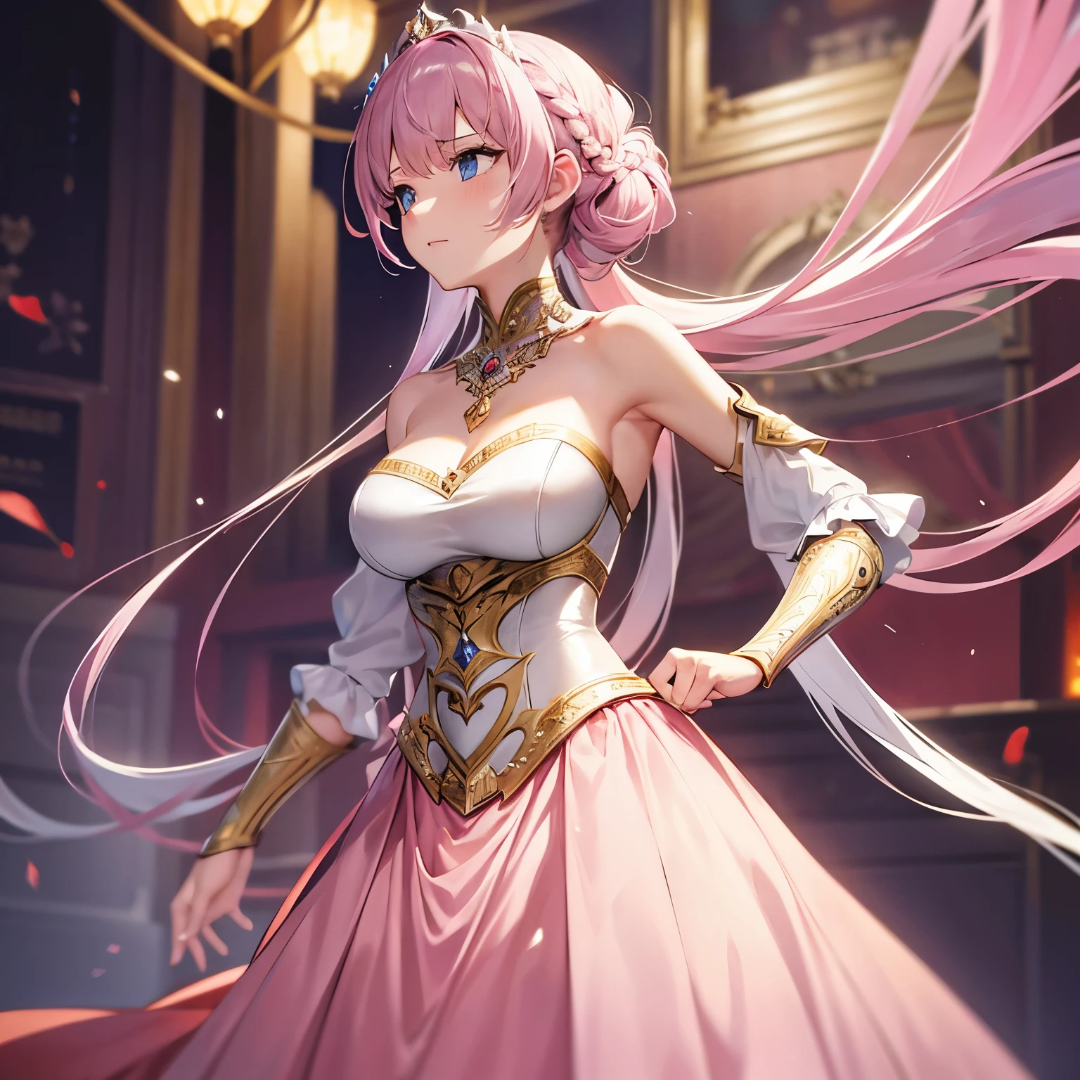 woman, Severe, Warrior, armor, elegant, Pink Dress, aristocratic, silver element, Long nails, Exposing shoulders, Hairstyle, Put your hair up, Braids and ponytails, Messy, arrogant, Absurd, detailed dress, Royalty, celebration, Hall decorated with flowers, Cowboy Shot, Portraiture, (highest quality), (masterpiece), (Very detailed), (4K)