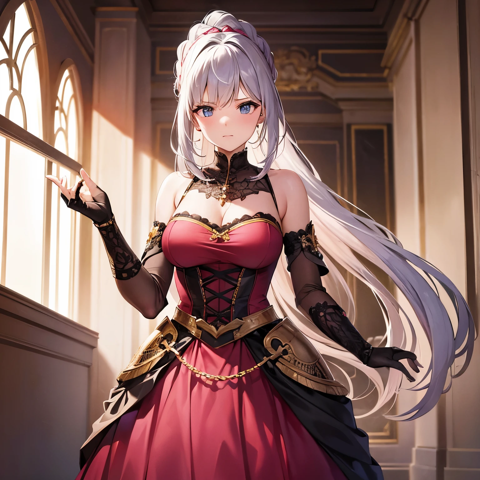 woman, Severe, Warrior, armor, elegant, Pink Dress, aristocratic, silver element, Long nails, Exposing shoulders, Hairstyle, Put your hair up, Braids and ponytails, Messy, arrogant, Absurd, detailed dress, Royalty, celebration, Hall decorated with flowers, Cowboy Shot, Portraiture, (highest quality), (masterpiece), (Very detailed), (4K)