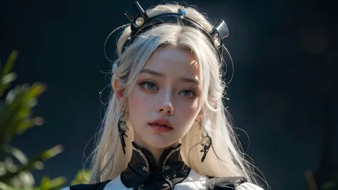 Amber Heard,white hair,My hair is very long.,wear a dress ((Hi-tech Gothic Lolita outfit)),((cybernetic body)),She is at a gothi...