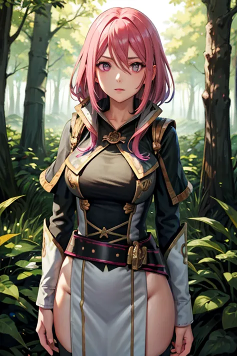 a pink haired woman with violet eyes and an hourglass figure is posing in the forest