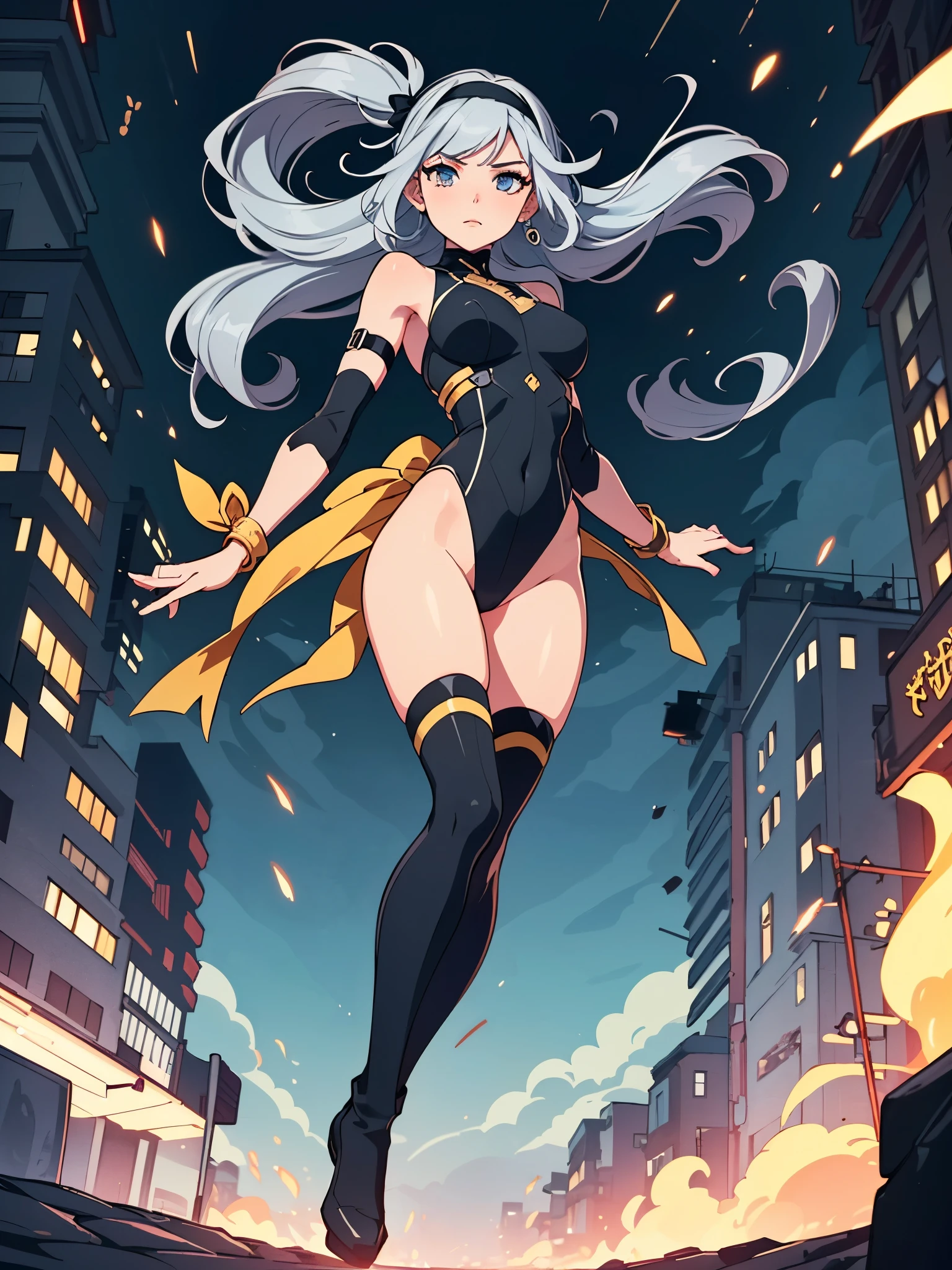 masterpiece, best quality, 1girl, grey hair, (shoulder-length hair, wavy hair, black hairband), auburn eyes, beautiful detailed eyes, beautiful detailed face, cute face, perfect hands, complete fingers, perfect anatomy, perfect proportions, stoic, professional, ninja, (black leotard, bare legs), black tactical gloves, gold bracelets, black thigh-high boots, cityscape, night, noir atmosphere. ((she spins at an incredible speed, creating a whirlwind of air around her, spiral lines, wind around her)).