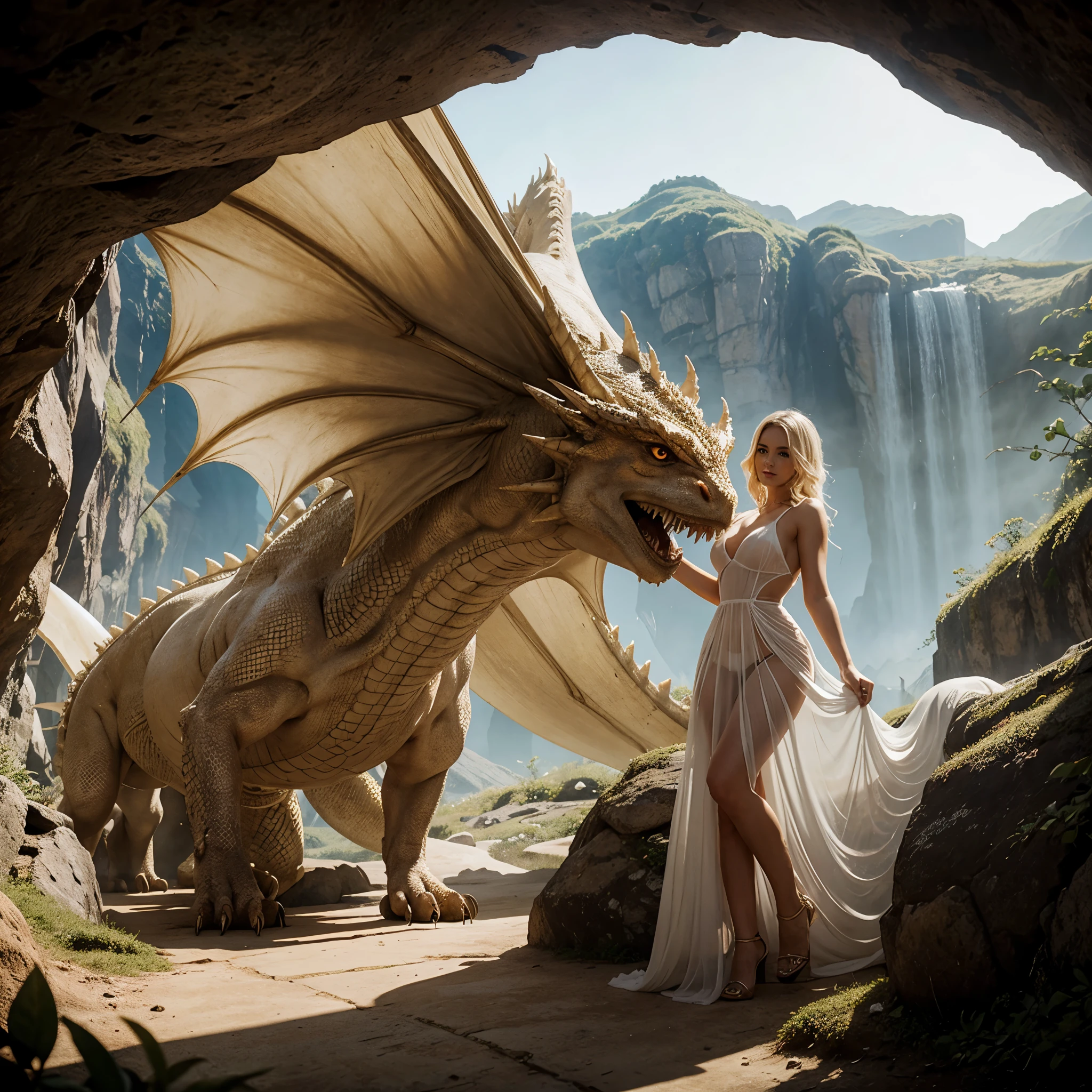 a blonde beauty wearing a sheer white dress stands before a large fearsome dragon that protects a cave filled with treasure