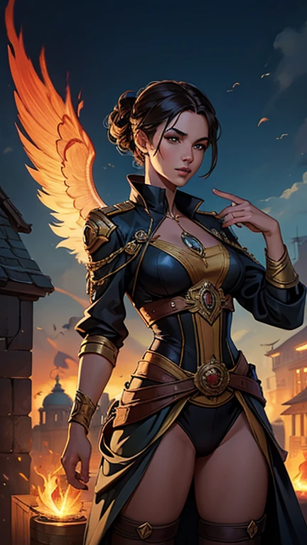 Um retrato de uma pessoa bonita do sks, post-apocalyptic winged firefighter, intrincado, elegante, Altamente detalhado, pintura digital, art station, arte conceitual, suave, sharp focus, illustration, Arte de Krenz Cushart e Artem Demura e Alphonse Mucha, ((fire in hands))