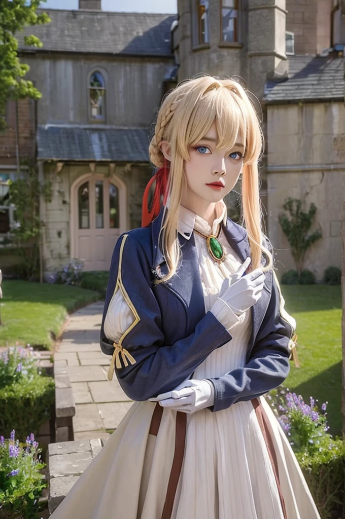 1girl, (((masterpiece, best quality))),(realistic, photorealistic), violet_evergarden, cowboy shot, blonde hair,braid, red hair ribbon, bangs, short blue jacket, blue long sleeves, jewelry, blue eyes, brooch, ascot, ((white long dress)), looking at viewer, upper body, outdoors, ((castle)),((houses)) streets, raining, manor,