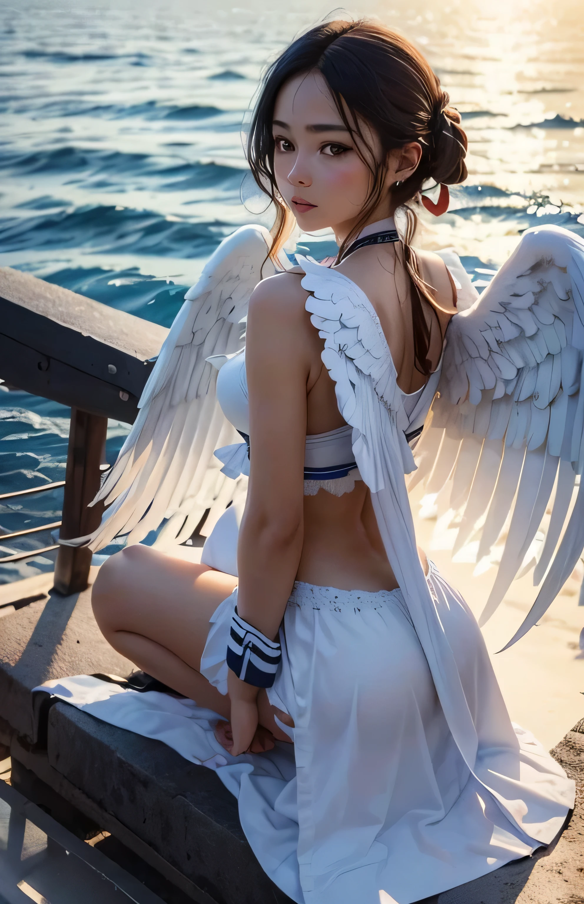 Anime cosplay angel girl sitting on a bench by the water - SeaArt AI