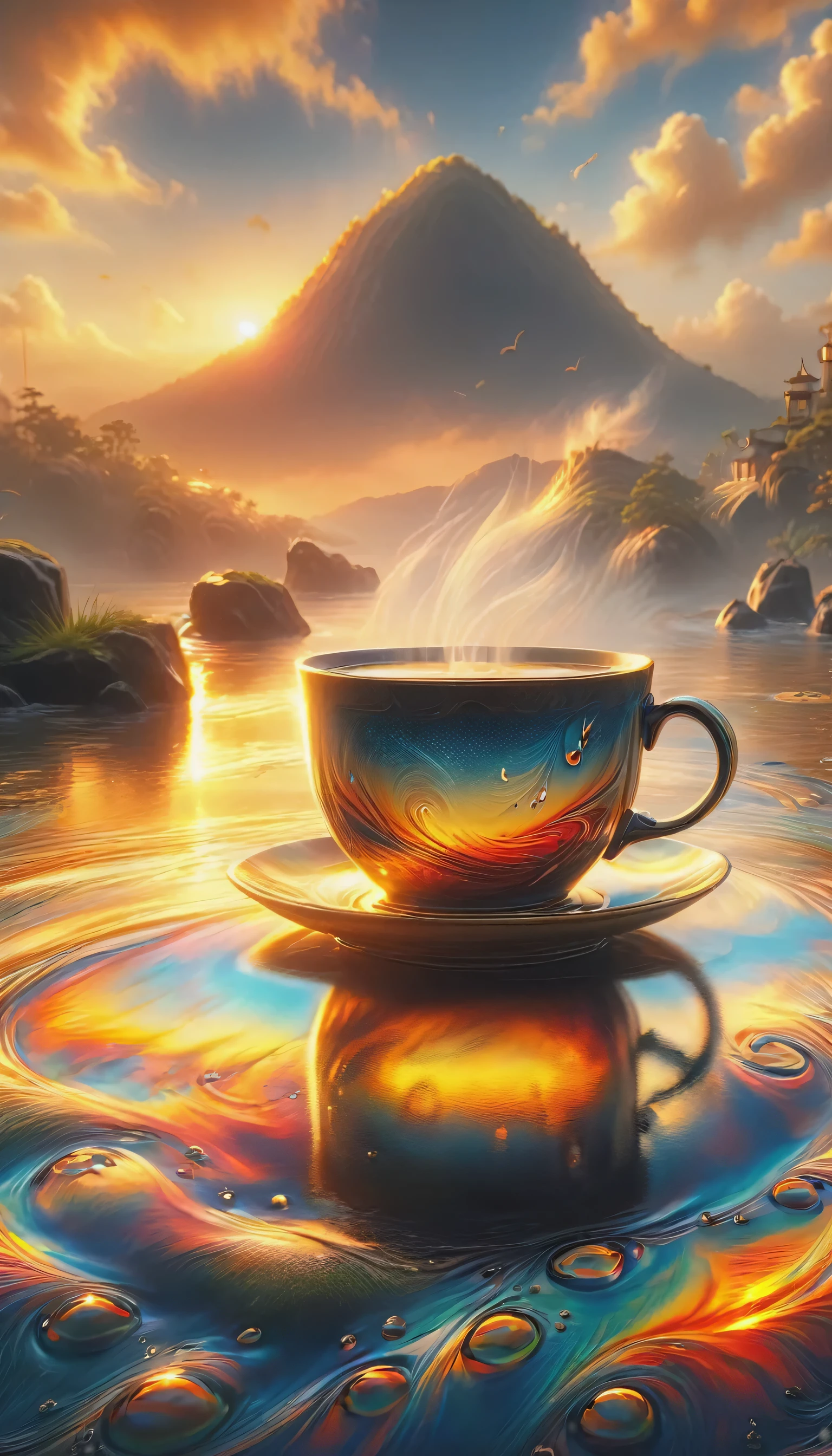 커피와 일출/일몰: 따뜻함을 포착하다, 일출이나 일몰의 부드러운 빛이 당신의 커피잔을 비춥니다，조용하고 평화로운 이미지를 만들어줍니다.. 컵에서 안개가 피어오르다. 8K