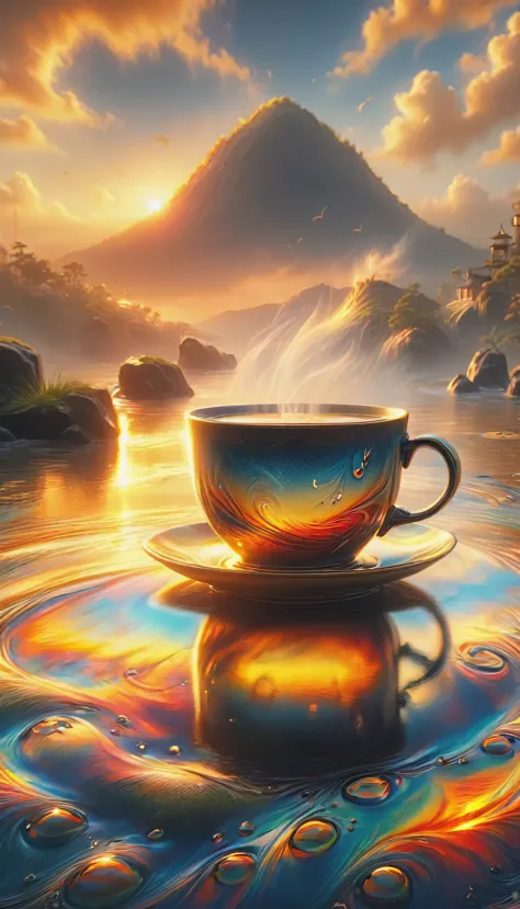 coffee and sunrise/Sunset: capture warmth, The soft light of sunrise or sunset illuminates your coffee cup，Creates a tranquil an...