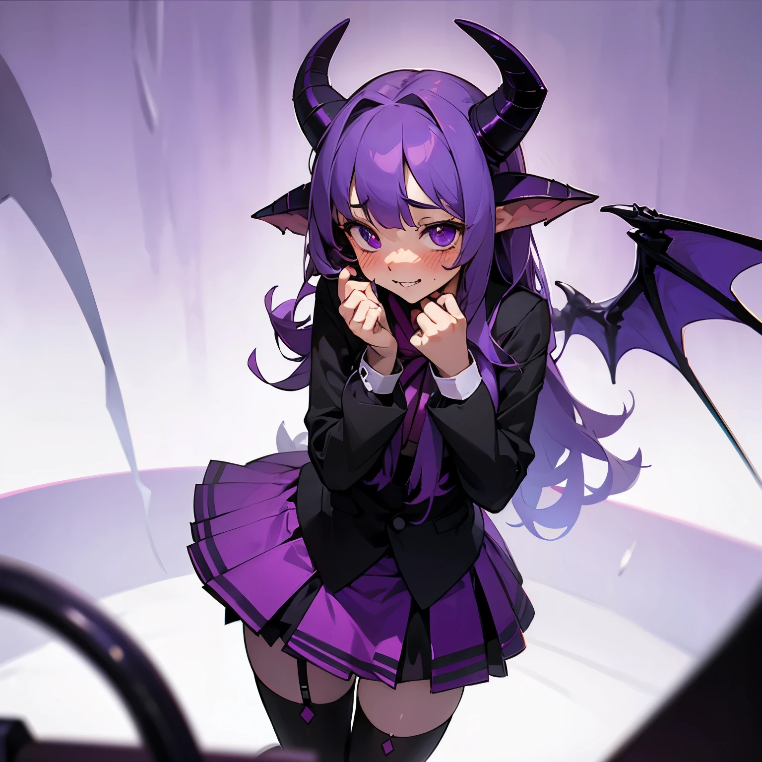 Young succubus. Mini skirt. Horns. No wings. Shy. Blush. Teenage. Purple hair