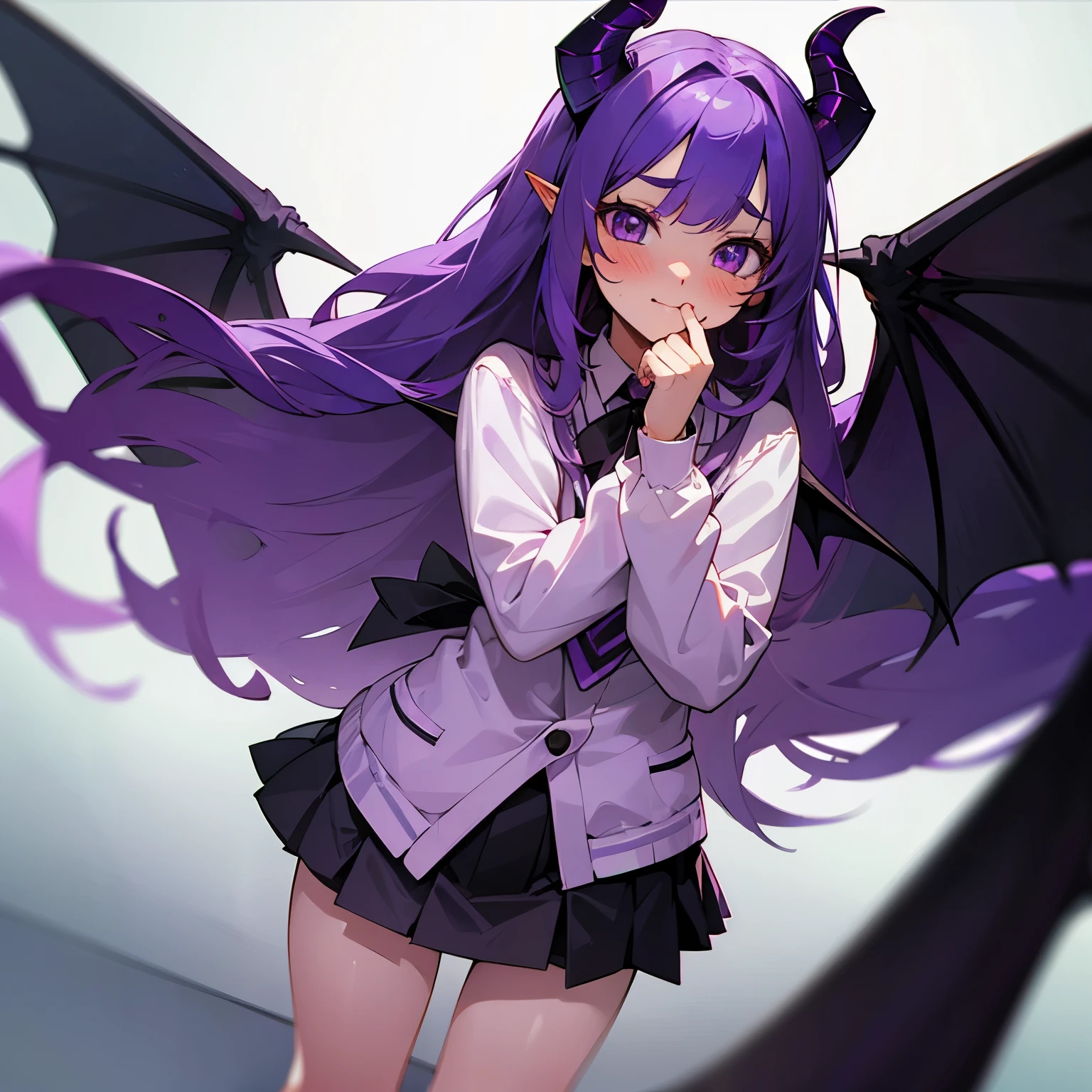 Anime girl with purple hair and black wings posing for a picture - SeaArt AI