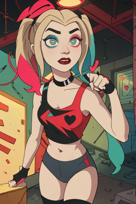 (harley quinn, harleyquinn:1.0), blonde pigtails with blue and pink ends, blue eyes, red lipstick, pink and blue eye shadow, hea...