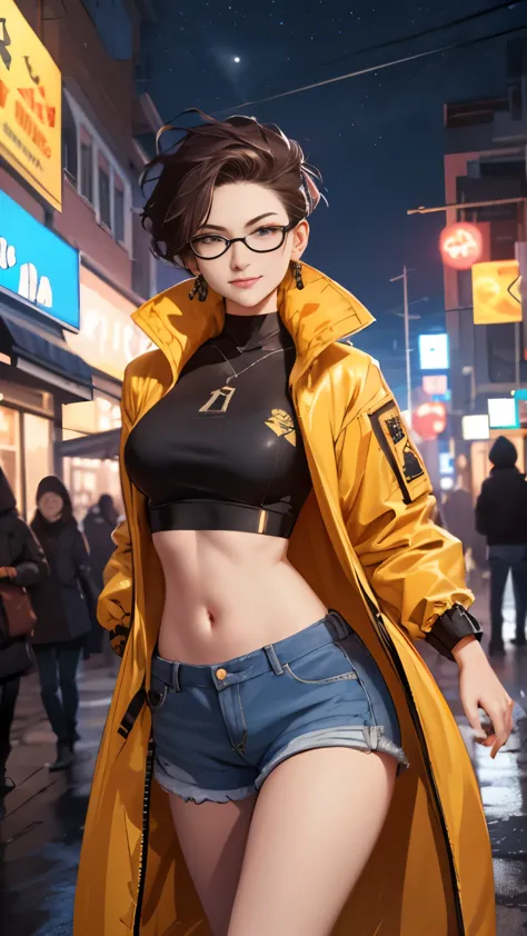 (Highly quality, masterpiece, detailed), night city detailed scenario, night city detailed background, solo, jubilee, crop top, ...