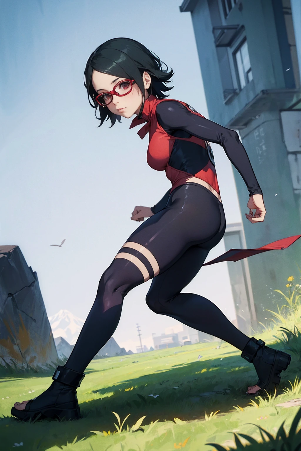 (Sarada Uchiha,short hair,black hair,glasses),full body picture Unreal Engine 5 8K UHD of beautiful girl, green Japanese style long hair, ((wearing futuristic black tight battle suit)), half face mask, (futuristic neck collar), grass green light details, best quality, masterpiece