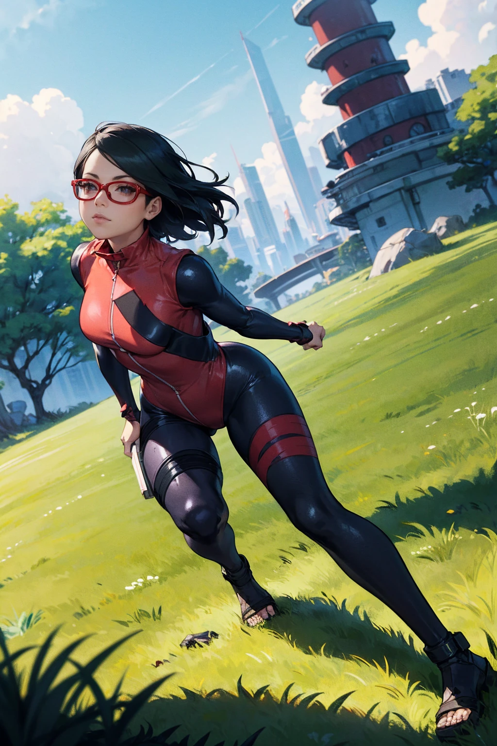 Sarada Uchiha,short hair,black hair,glasses),full body picture Unreal  Engine 5 - SeaArt AI