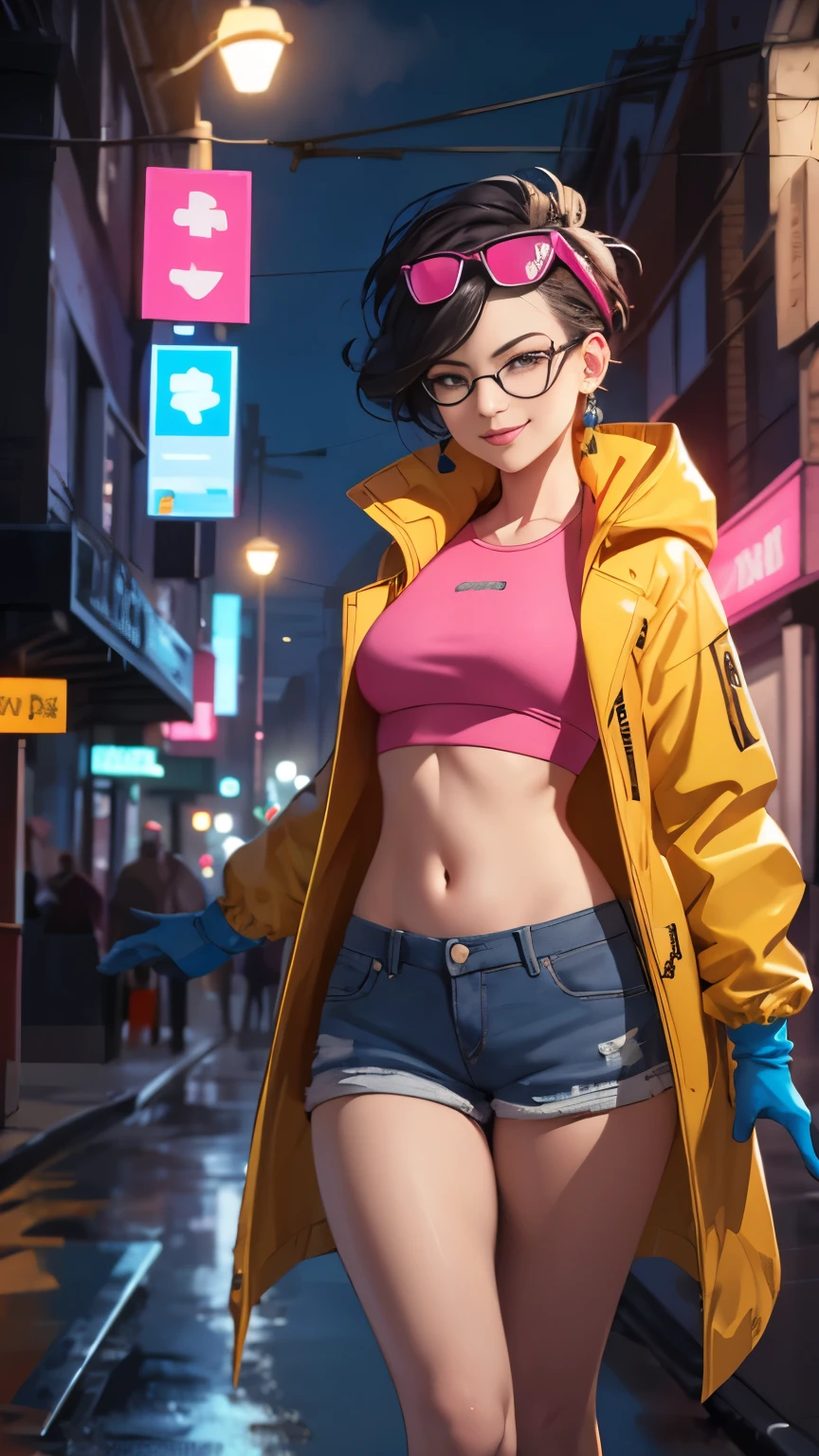 (Highly quality, masterpiece, detailed), night city detailed scenario, night city detailed background, solo, jubilee, pink crop top, raincoat, jean shorts, blue gloves, eyewear on head, smirk, navel, perfect face, beautiful eyes, looking at the viewer, Sexy pose