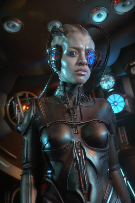 a black woman wearing a blue sttldunf uniform, with veins popping out on her skin. she is being brainwashed into becoming a borg...