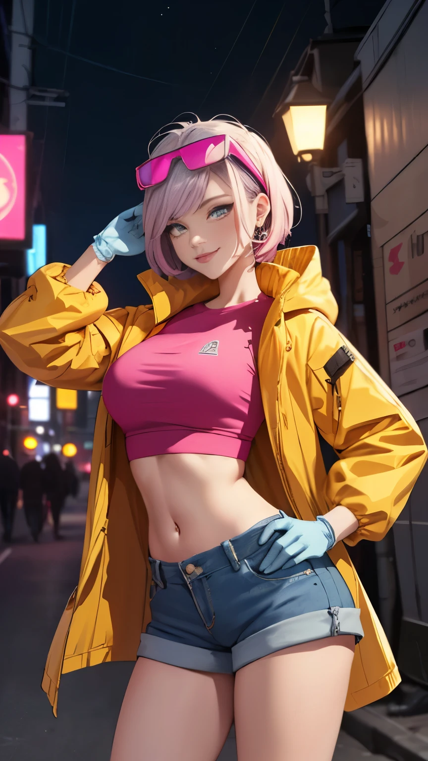 (hohe Qualität, Meisterwerk, ausführlich), night city ausführlich scenario, night city ausführlich background, Allein, Jubiläum, rosa Crop Top, Regenjacke, kurze Jeans, blaue Handschuhe, Brille auf dem Kopf, Grinsen, Nabel, perfektes Gesicht, wunderschöne Augen, den Betrachter anschauen, sexy Pose