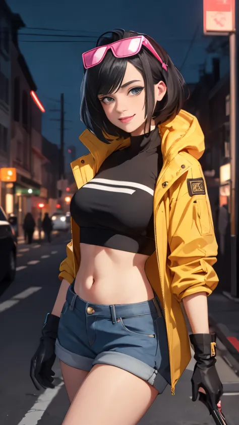 (highly quality, masterpiece, detailed), night city detailed scenario, night city detailed background, solo, jubilee, black hair...