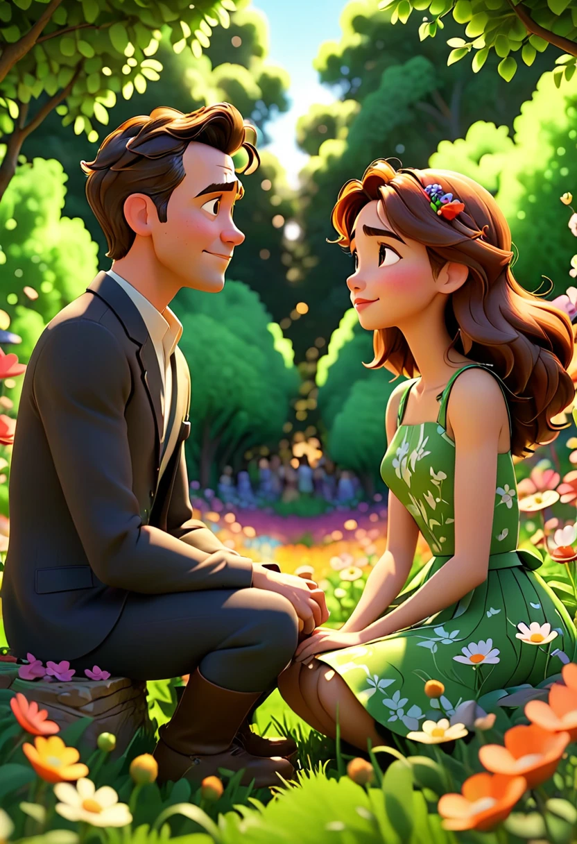 Man with a woman sitting facing each other in a flower field full of leafy trees, animation character, Stylized character, animation style rendering, stylized 3D, Arnold Maya rendering, stylized 3D rendering, rendering screenshot toon, 3D Character, 3D Character, Stylized 3D Rendering, 3D Character Rendering, cartoon character, Close up Character, Character Pose, (Pixar Style) (master part:1.2) (Bokeh) (best quality) ( detailed skin) (detailed texture) (8k) (clay) (cinematic lighting) (sharp focus