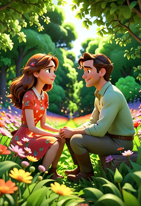 man with a woman sitting facing each other in a flower field full of leafy trees, animation character, stylized character, anima...