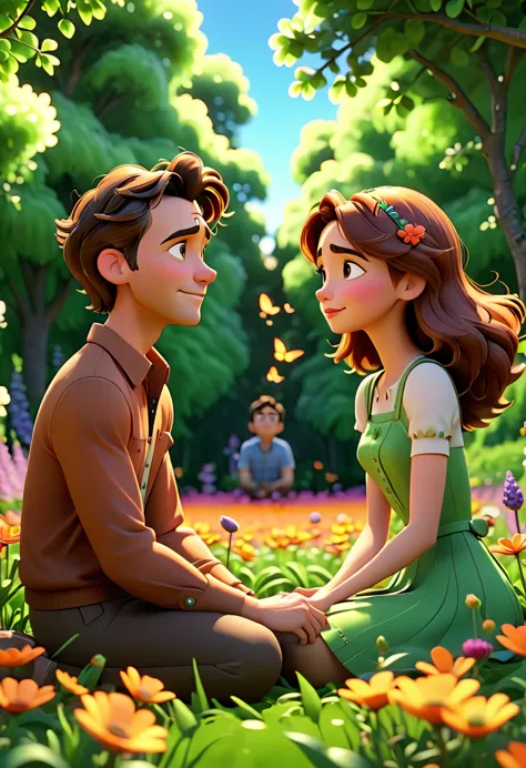 man with a woman sitting facing each other in a flower field full of leafy trees, animation character, stylized character, anima...