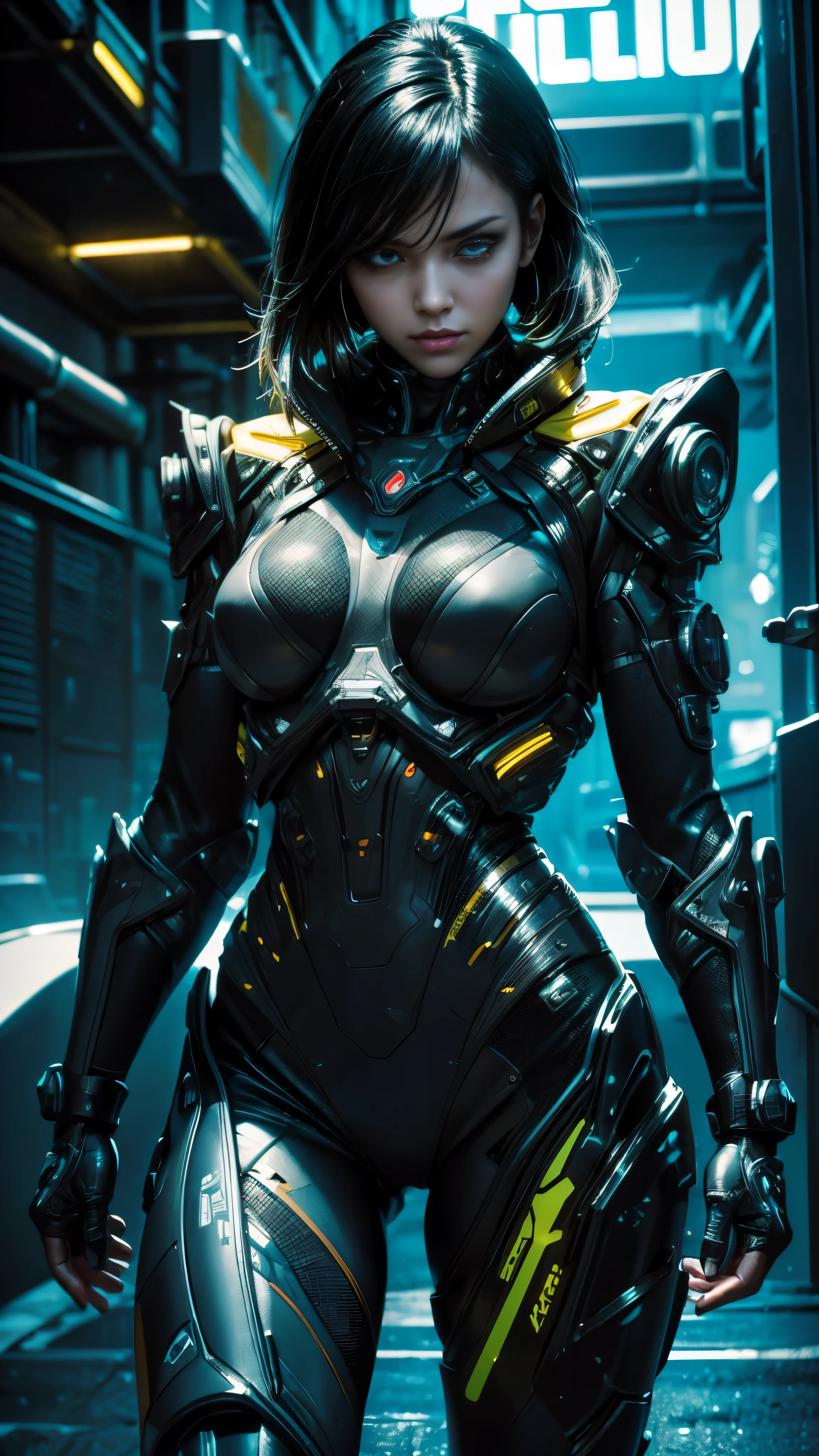 (traje táctico de velocidad cyberpunk amarillo: 1) (1 mujer) Tema oscuro :: Centrándose en un rostro en primer plano, Una expresión seria está grabada en, con su visor cibernético emergiendo como el punto focal, reflejando el paisaje urbano ciberpunk iluminado con neón que lo rodea. Su cabello negro de longitud media cae en cascada en una espesa capa., ondas brillantes.

Ultra realista y atlético, Esta mujer ciberpunk futurista exuda un aire de cruda intensidad.. Su cuerpo tonificado está revestido con un elegante, traje de combate amarillo ajustado, Diseñado para máxima agilidad. Sus ojos negros, pupilas estrechadas, insinuación de