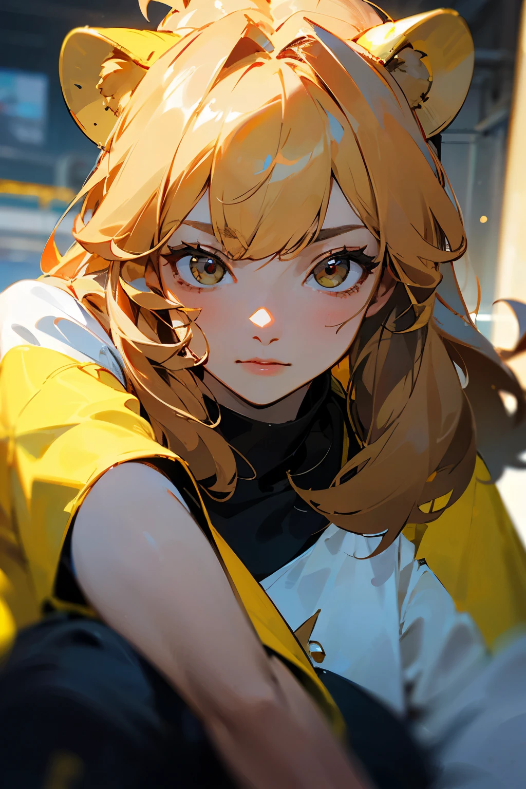 Anime girl with cat ears and yellow shirt sitting on a bench - SeaArt AI