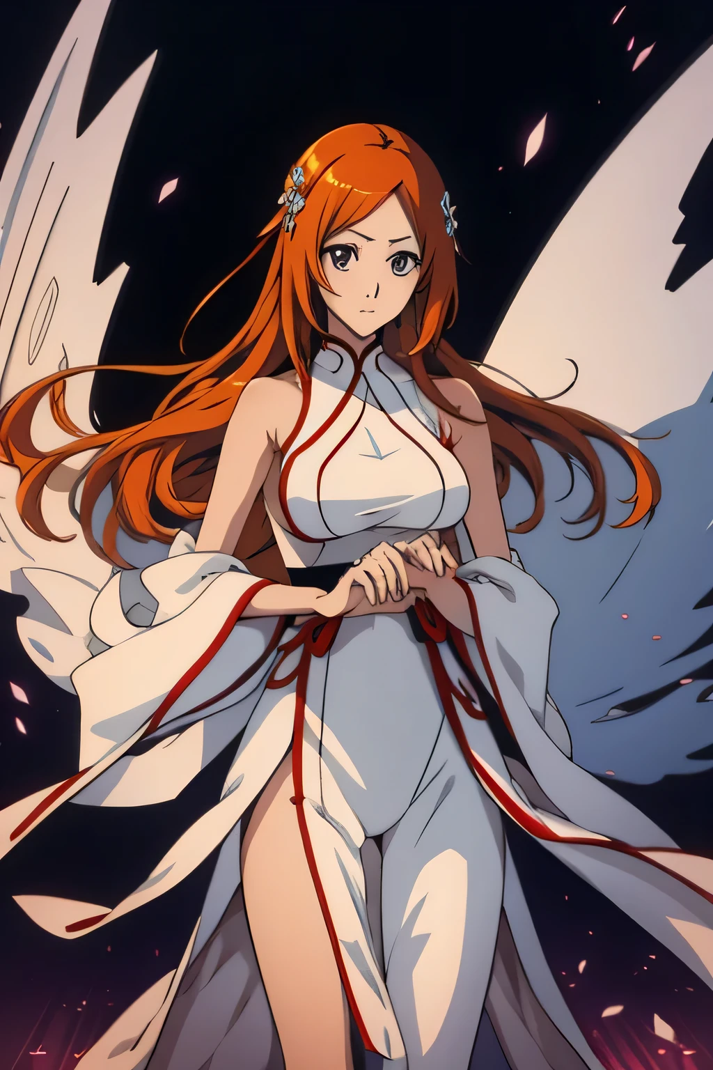 A woman in a white dress with wings and a red ribbon - SeaArt AI