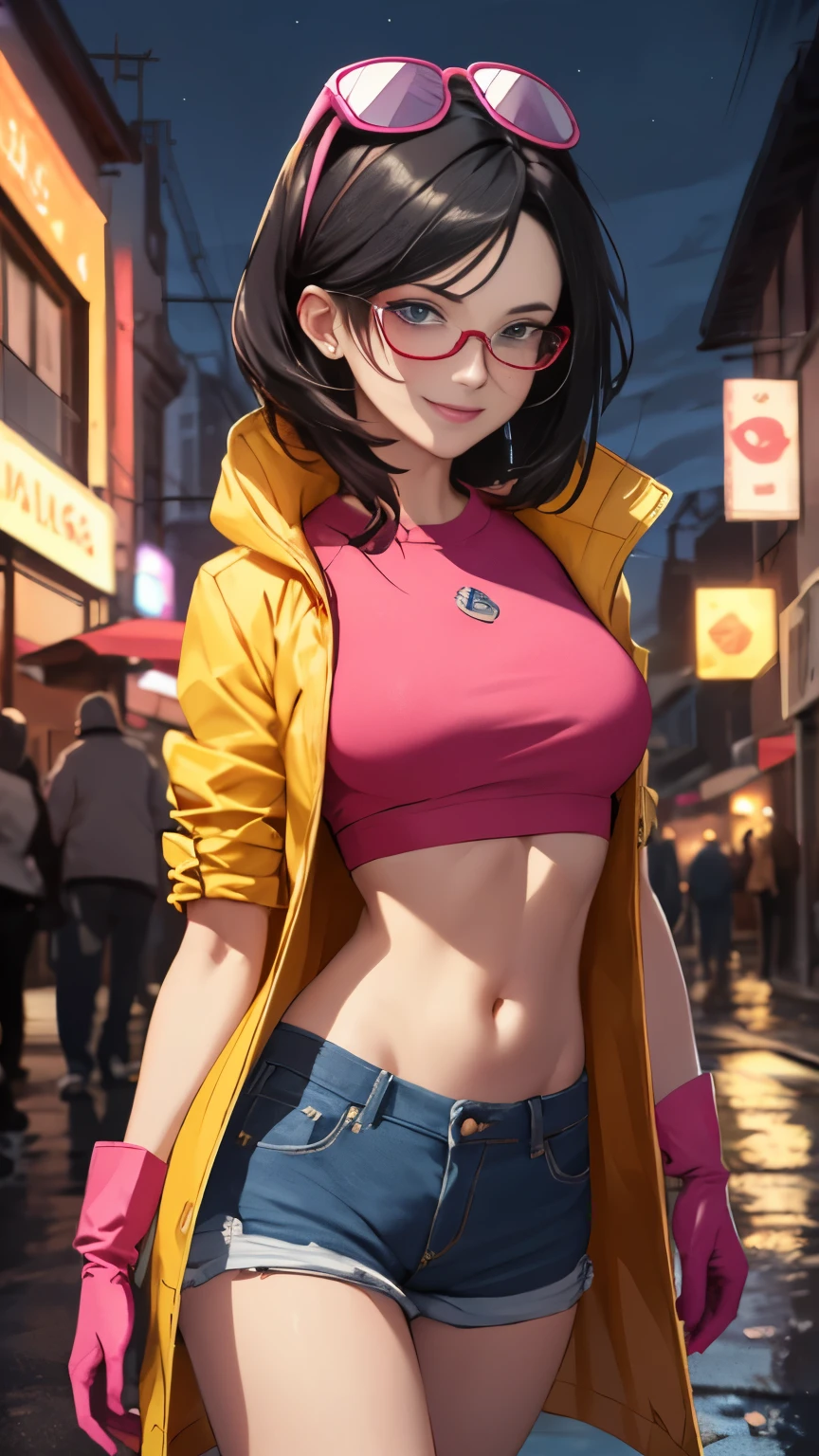 (Highly quality, masterpiece, detailed), night city detailed scenario, night city detailed background, solo, jubilee, black hair, pink crop top, raincoat, jean shorts, blue gloves, eyewear on head, smirk, navel, perfect face, beautiful eyes, looking at the viewer, Sexy pose