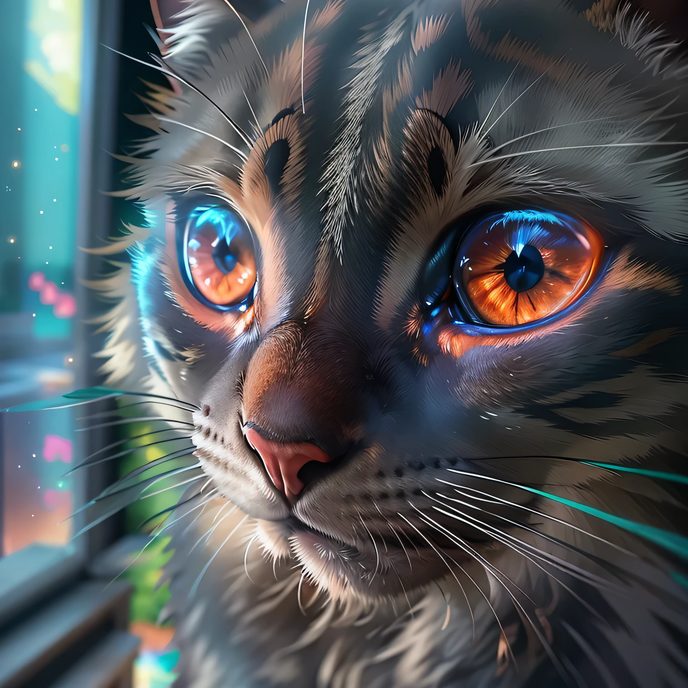 There is a cat looking out the window, Photo by Julia Pishtar, pexels, Photorealism, Beautiful neon cat, Cat Picturesgraphy, Cyberpunk Cat, Cat Pictures, bright shining eyes, Cat Pictures, LEDのようにbright shining eyes, Looking into the camera, With shining eyes, awesome cat, Very bright eyes