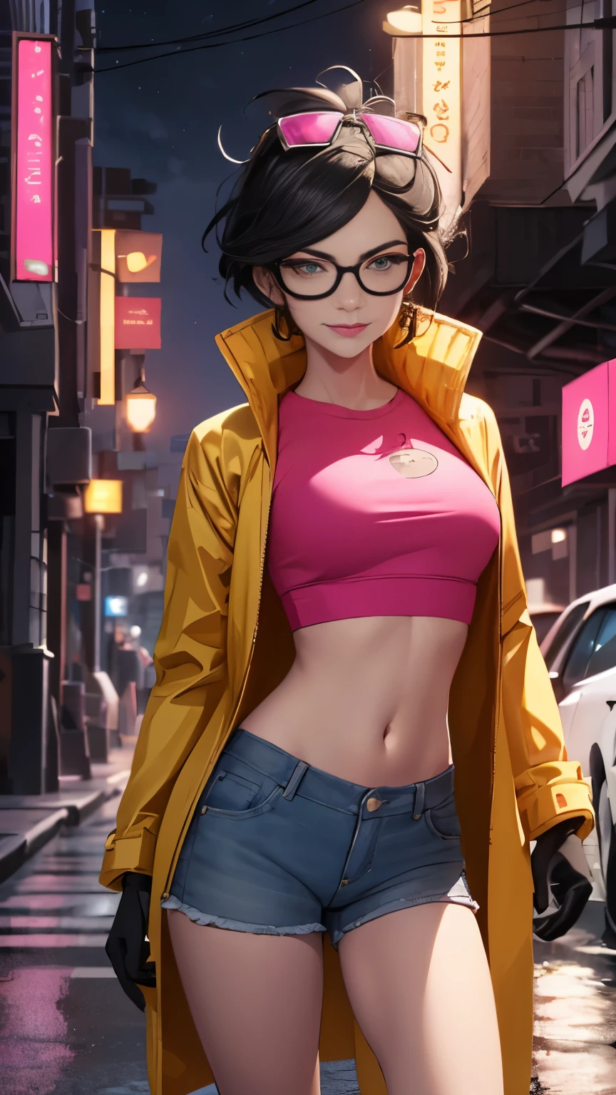 (hohe Qualität, Meisterwerk, ausführlich), night city ausführlich scenario, night city ausführlich background, Allein, Jubiläum, schwarzes Haar, rosa Crop Top, Regenjacke, kurze Jeans, blaue Handschuhe, Brille auf dem Kopf, Grinsen, Nabel, perfektes Gesicht, wunderschöne Augen, den Betrachter anschauen, sexy Pose