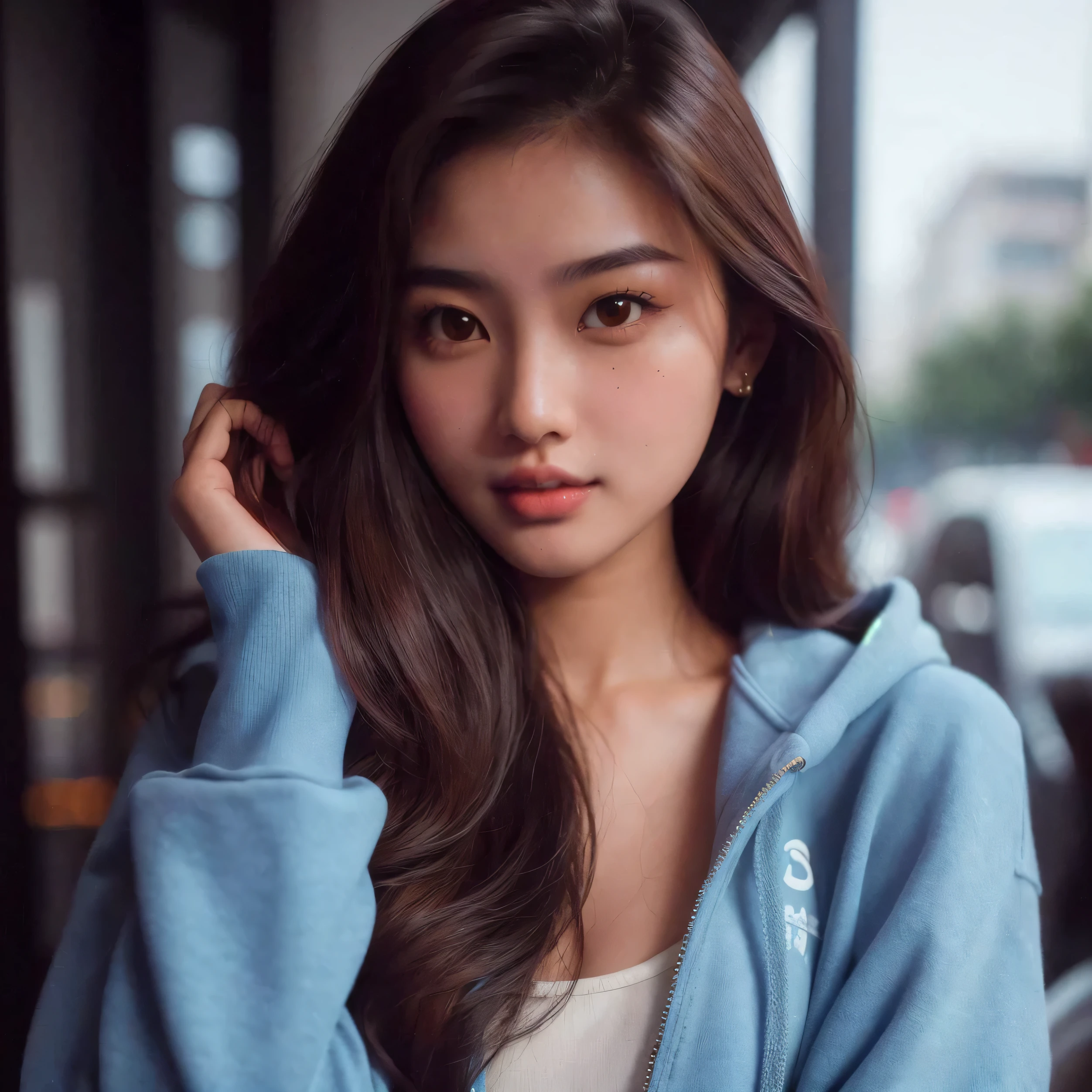 arafed asian woman with long brown hair and a blue jacket, beautiful girl model, beautiful asian girl, ig model | artgerm, girl wearing hoodie, beautiful model girl, girl cute-fine-face, cute young woman, asian girl, attractive girl, beautiful young girl, ross tran 8 k, beautiful asian woman, lovely woman, perfect expression