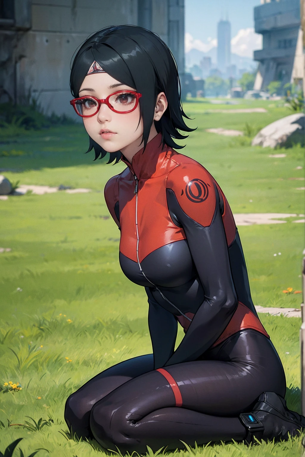 (Sarada Uchiha,short hair,black hair,glasses),full body picture Unreal Engine 5 8K UHD of beautiful girl, green Japanese style long hair, ((wearing futuristic black tight battle suit)), half face mask, (futuristic neck collar), grass green light details, best quality, masterpiece