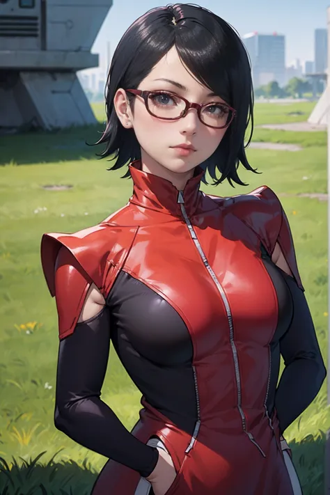 (sarada uchiha,short hair,black hair,glasses),full body picture unreal engine 5 8k uhd of beautiful girl, green japanese style l...